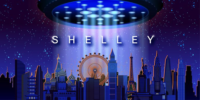 A UFO beams down the word "SHELLEY" over a nighttime cityscape featuring famous landmarks like the Eiffel Tower and Big Ben, symbolically representing the Cardano blockchain's Shelley upgrade descending upon the world to usher in a new era of decentralized staking, with the post marking the 6-year anniversary of the Byron-to-Shelley hard fork (439 epochs, 9.25M blocks, 190M slots).