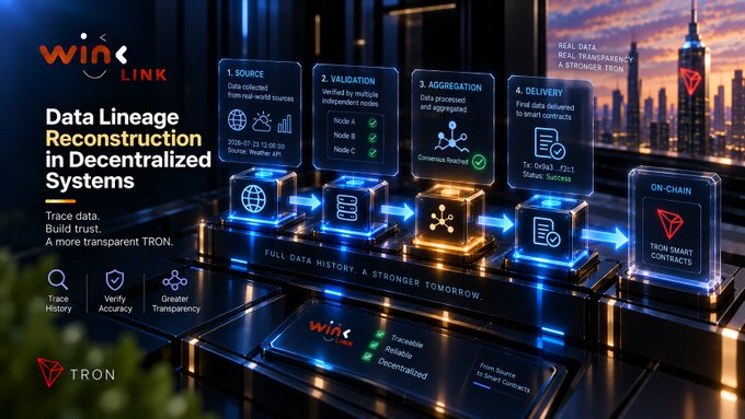 An infographic titled 'Data Lineage Reconstruction in Decentralized Systems' from WinLink on TRON blockchain, showing a process flow from Source to Validation, Aggregation, Delivery, and On-Chain contracts.