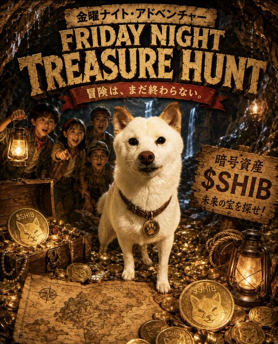The image features a poster for a movie called "Fridays Night Treasure Hunt". A white dog wearing a collar with a gold tag is standing in front of a chest filled with gold coins, surrounded by children who are also holding lanterns. The poster includes text that reads "Friday night treasure hunt" and "shib", which suggests the movie might be about a group of kids searching for hidden treasures or valuable items together.