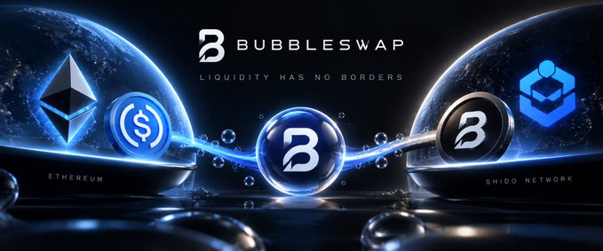 Promotional banner for 'BUBBLESWAP' with the tagline 'LIQUIDITY HAS NO BORDERS', showing Ethereum, USDC, BubbleSwap, and Shido Network logos.