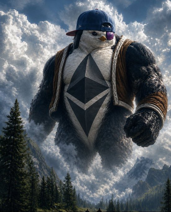 A massive, anthropomorphic penguin wearing a blue baseball cap and a jacket displaying an Ethereum logo towers over a misty mountain landscape with pine trees.