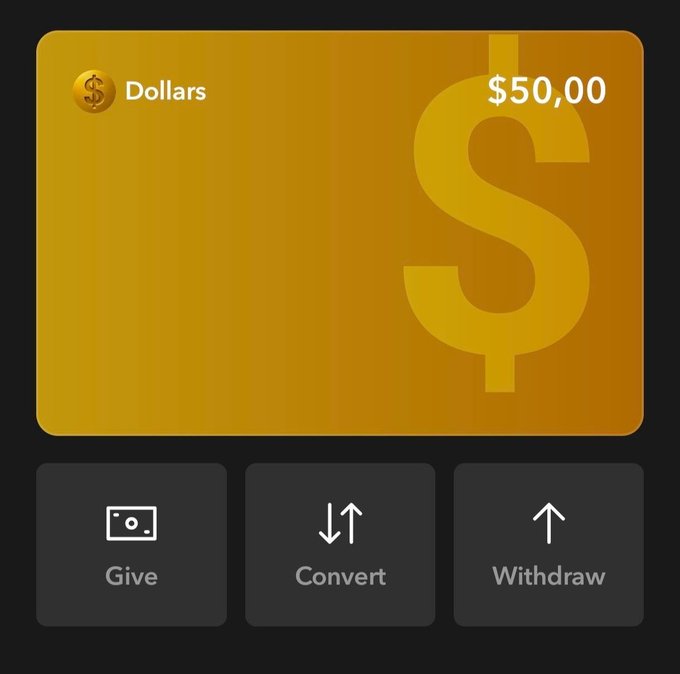 A mobile app interface displaying a balance of '$50,00' under 'Dollars' on a dark gold card, with three buttons below labeled 'Give', 'Convert', and 'Withdraw'.