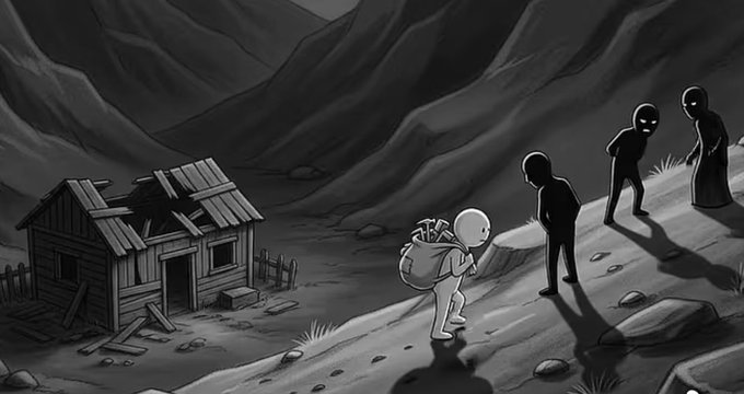 A small, hunched figure carrying a heavy sack trudges away from a dilapidated, broken-down shack while shadowy silhouettes loom ominously on a rocky hillside.

The image illustrates the Vietnamese saying "Chết trên con đường kiếm tiền còn hơn gục ngã trong căn nhà rột nát" ("Dying on the road to earning money is better than collapsing in a crumbling house"), depicting the painful choice to leave poverty behind—even at great personal cost—rather than remain trapped in destitution.