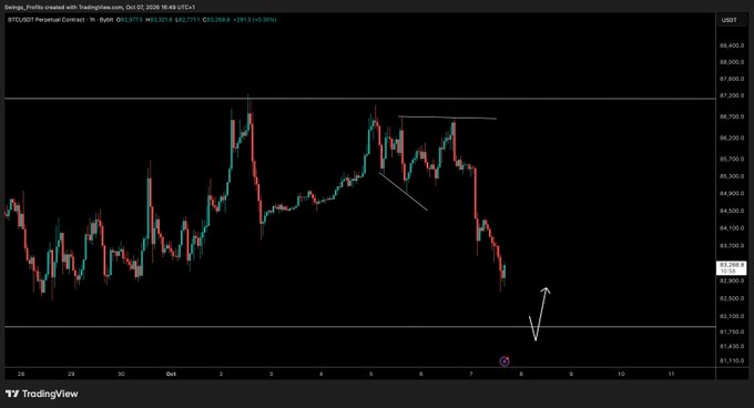 A TradingView 4-hour BTCUSD Perpetual Contract chart on Binance shows Bitcoin's recent decline from ~$86,000 down toward the $82,000 support zone, with the trader expecting further downside before a potential bounce.