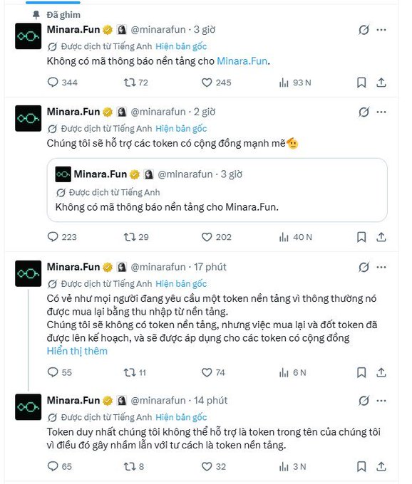 A series of pinned tweets from Minara.Fun (@minarafun) translated into Vietnamese, discussing the platform's token, community support for strong community tokens, a potential buyback plan, and clarifying that they only support non-platform tokens with their own names.