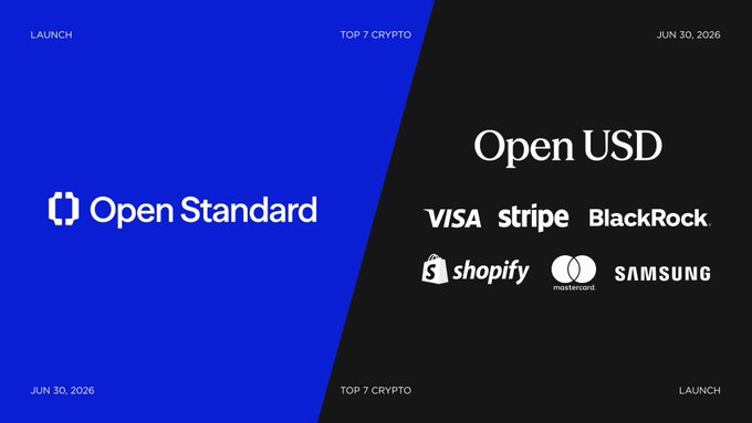 Promotional graphic announcing the launch of Open Standard's Open USD (OUSD) stablecoin, featuring a blue and black split design with the "Open Standard" logo and a roster of partners including Visa, Stripe, BlackRock, Shopify, Mastercard, and Samsung, dated June 30, 2026.