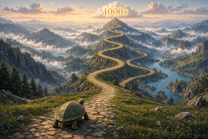 A fantasy landscape featuring a tortoise walking along a winding stone path that stretches up a mountain toward a distant structure, with the text '1000x' overlaid in gold near the peak.