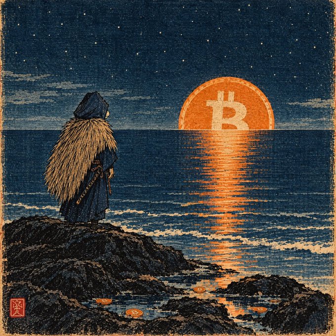 A Japanese-style woodblock print artwork depicting a hooded, straw-cloaked figure standing on rocks overlooking the ocean at night, with a giant Bitcoin (₿) symbol rising like the sun over the water.