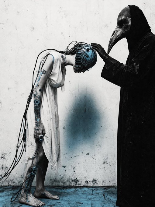 A dark, surreal artwork depicts a cyborg-like figure with exposed wires and a mechanical head in a white dress, standing opposite a tall figure cloaked in black wearing a plague doctor mask, who reaches out to touch the cyborg's head.