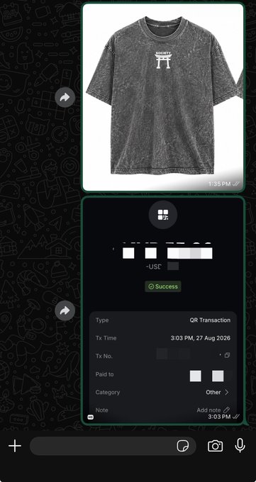 A mobile phone screenshot showing a Society t-shirt purchase with a successful QR Transaction confirmation dated 27 Aug 2026.
