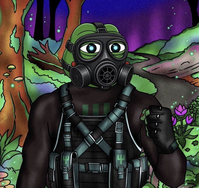 A colorful illustration of a character wearing a green tactical helmet, a black gas mask with large eyes, and a dark vest with '44' on the pouches, standing in a vibrant forest setting.