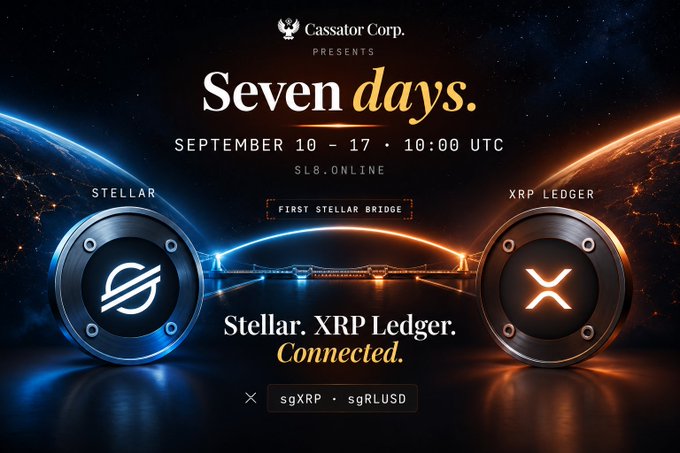 A promotional graphic by 'Cassator Corp.' for 'Seven days' from September 10 - 17 at 10:00 UTC, announcing the 'FIRST STELLAR BRIDGE' between 'STELLAR' and 'XRP LEDGER' with text reading 'Stellar. XRP Ledger. Connected.' and listing 'sgXRP · sgRLUSD'.