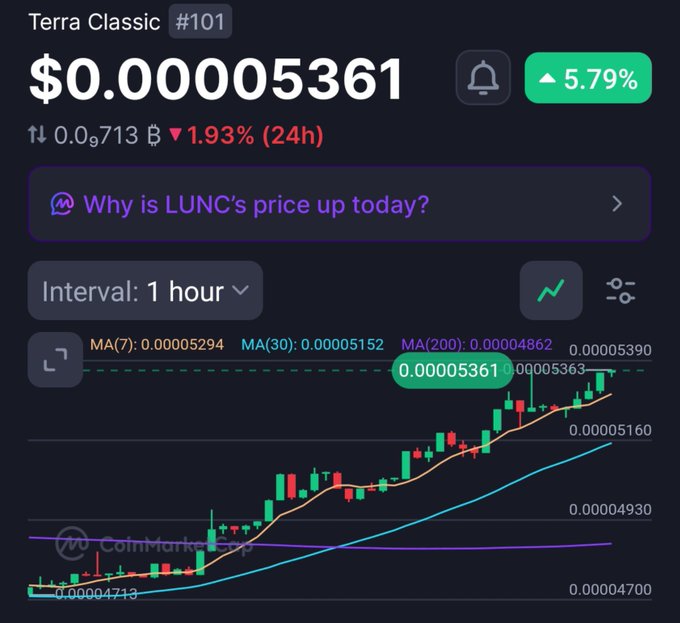 A CoinMarketCap chart showing Terra Classic (#101) at $0.00005361, up 5.79%, with a question 'Why is LUNC's price up today?' displayed above a 1-hour candlestick chart.