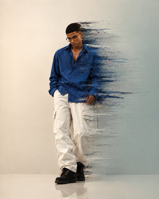 A young man in a blue button-up shirt and white cargo pants stands against a minimalist background featuring an artistic blue painted streak effect.