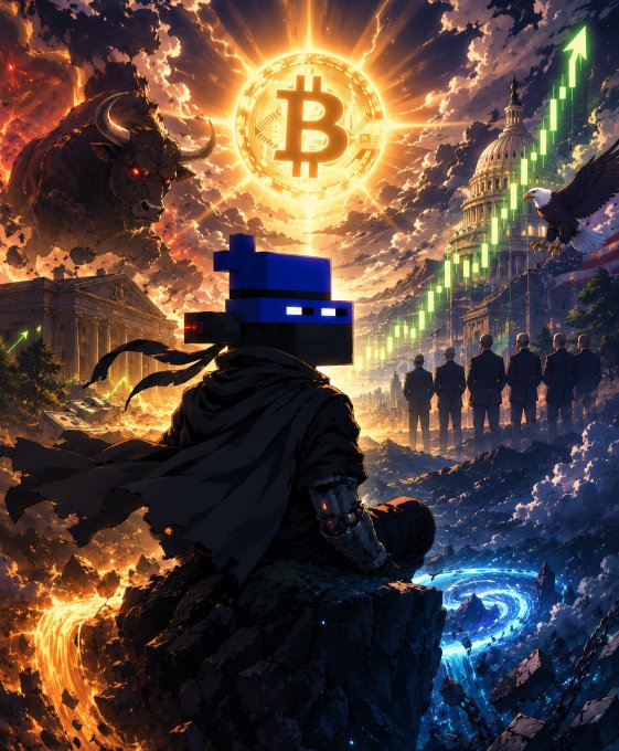 A dramatic digital illustration features a pixelated character standing on a cliff, facing a glowing Bitcoin symbol, a red-eyed bull, a rising green candlestick chart, the U.S. Capitol building, and an eagle.