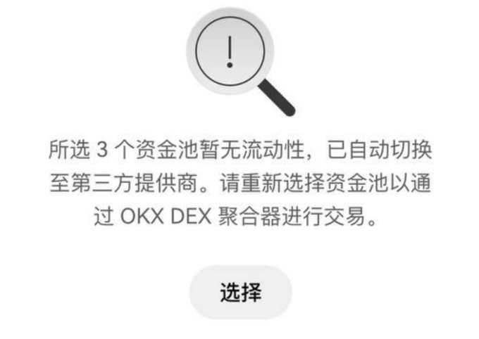 A Chinese-language error notification screen showing a magnifying glass with an exclamation mark, stating that the selected 3 liquidity pools had no liquidity and have automatically switched to a third-party provider, prompting the user to reselect pools to trade via the OKX DEX aggregator, with a "选择" (Select) button at the bottom.