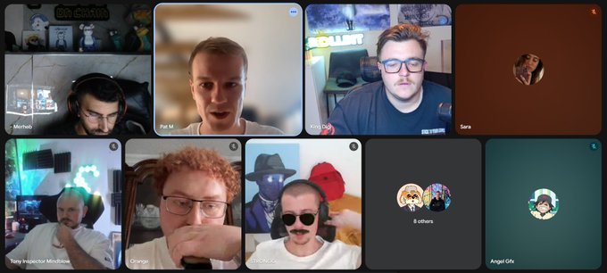 A Zoom video call grid showing 10 participants, including people labeled Pee M, BG.GEAA, Morticio, and Angel Grit, with some using virtual backgrounds or avatars.