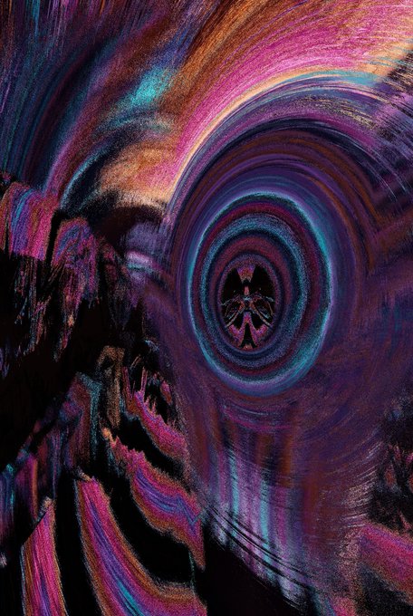 A swirling, psychedelic abstract composition featuring vibrant magenta, pink, blue, and black colors with a central eye-like spiral motif.