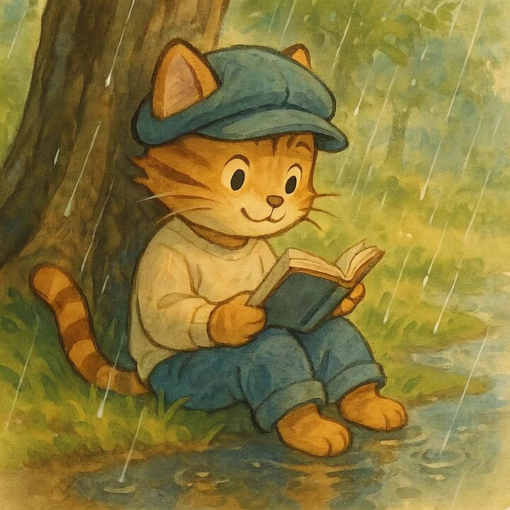 The image features a cartoon cat sitting under a tree, holding an open book with its paws while wearing a hat. The scene appears to be set during a rainy day, as evidenced by the puddles around the cat's feet. The caption "Rainy day excellence engaged" suggests that this illustration is related to or inspired by the post about rain and cats.