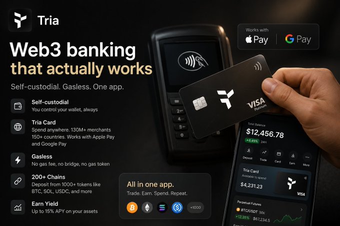 The image shows a person holding up a credit card with a Visa logo on it against a black background. The text above the credit card reads "Web3 banking that actually works", indicating that this particular bank offers web-based services for managing finances, including the ability to pay bills and transfer funds online.!