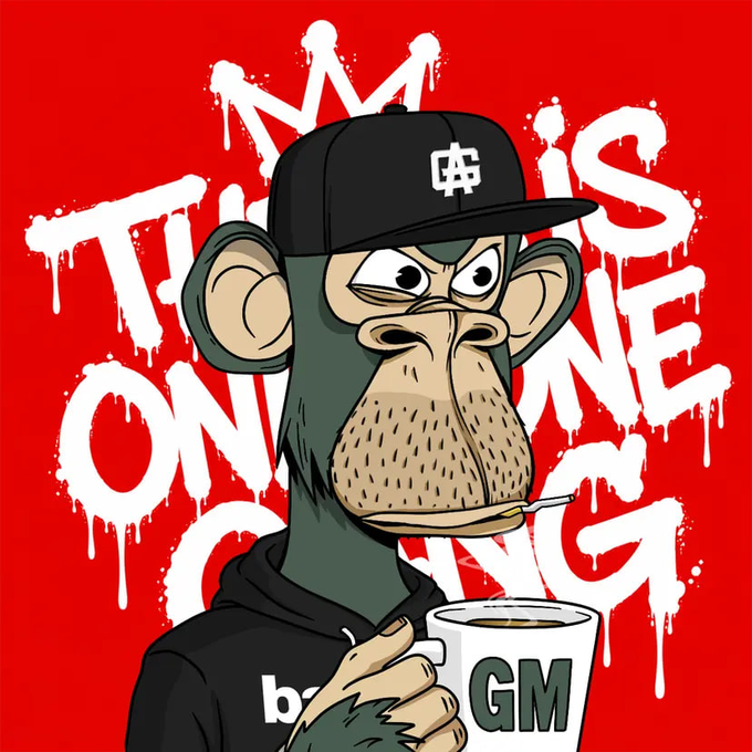 A stylized cartoon Bored Ape-style monkey wearing a black cap and hoodie holding a "GM" mug, with graffiti-style text reading "GM IS THE ONE" on a red background.