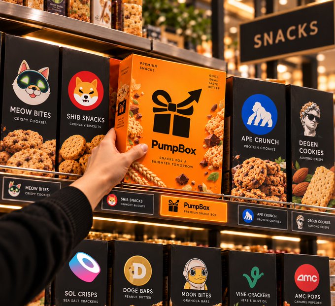 A hand reaches for an orange "PumpBox - Premium Snack Box" on a retail snack shelf, surrounded by crypto-themed treats like "MEOW BITES Crispy Cookies," "SHIB SNACKS Crunchy Biscuits," "APE CRUNCH Protein Cookies," and "DEGEN COOKIES Almond Crisps."

The image illustrates the post's "GM" (good morning) crypto greeting by showcasing a snack aisle where meme coin tickers like DOGE ($D), SHIB, and APE are playfully personified as branded snack products, with the orange PumpBox—tied to memecoin culture—being the one to grab.