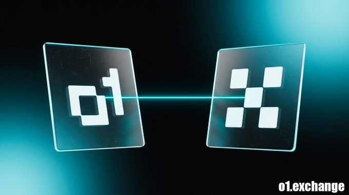 The image features two square glass icons with a white "1" at the top left corner and a white "x" at the bottom right corner, both of which are lit up by blue light. The text below the icons reads "01. Exchange", indicating that this is an advertisement for a new partnership or integration between two platforms. The image also includes a watermark that says "@o1_exchange".
