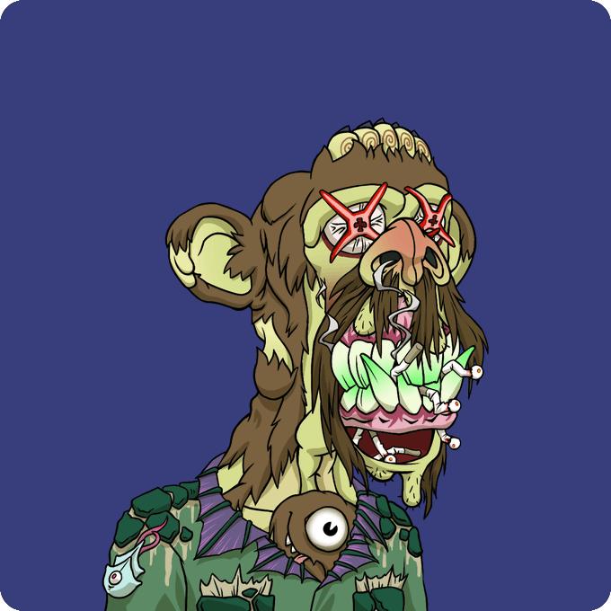 A grotesque cartoon illustration of a monstrous creature with bulging red X-shaped eyes, a pig-like snout, an enormous mouth full of green jagged teeth, a brown beard, and a small one-eyed creature on its green tattered shirt against a dark blue background.