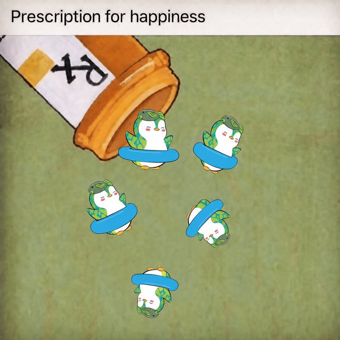 An illustration titled 'Prescription for happiness' showing a pill bottle labeled 'Rx' spilling out small turtles with blue rings.