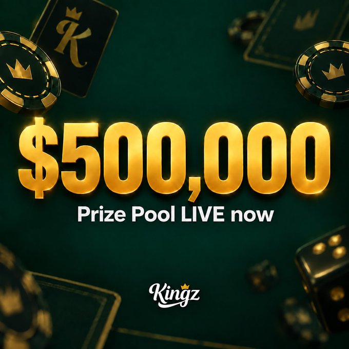 A promotional graphic for Kingz featuring a green casino-themed background with poker chips, playing cards, and dice, displaying "$500,000 Prize Pool LIVE now" in bold gold lettering. The image reinforces the post's announcement of Kingz Airdrop Season 2, visually emphasizing the massive prize pool available to players wagering on the platform.