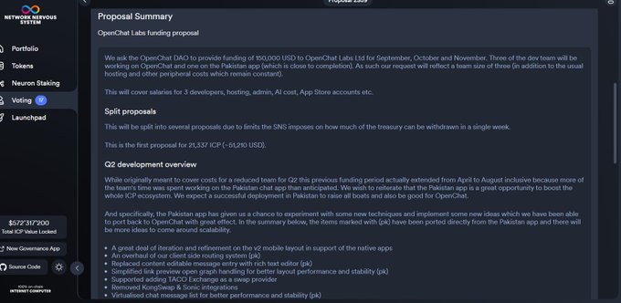 The image shows the "Proposal Summary" page for an OpenChat Labs funding proposal (Proposal 1053), requesting 150,000 USD for Q2 development of the ICP ecosystem chat app. The page includes a side navigation with a Network Nervous System (NNS) portfolio showing a locked balance of $672,317.90 ICP, alongside details about the Q2 development overview, split proposals, and salary allocations for the three-person developer team.