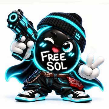 A cartoon mascot character wearing a black beanie and jacket holds a glowing blue gun, with 'FREE SOL' displayed on its chest.