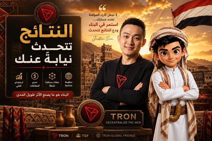 A promotional graphic featuring Justin Sun alongside a 3D animated character in traditional Arab clothing, with Arabic text, the TRON logo, and 'TRON: DECENTRALIZE THE WEB'.
