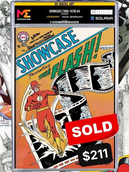 A graded Showcase #4 (1956-1978) DC comic book featuring The Flash, marked as 'SOLD' for $211, certified on Mark and tokenized on Solana.