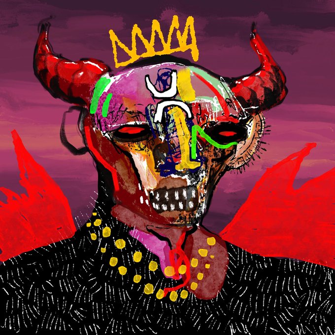 The image features a skull with red horns, wearing a crown and a necklace of beads around its neck. The skull appears to be in a state of distress or agitation, as if it's about to throw itself out of a window. The background is dark purple, which contrasts with the vibrant colors of the skull and adds intensity to the scene. The image also includes text that reads "New Drop! On 𝐃𝐞𝐯𝐢𝐥𝐮𝐤𝐞 𝐁𝐨𝐬/nft/00080000A6".