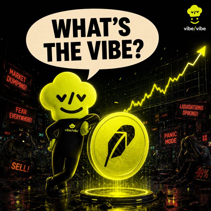 A promotional graphic for 'vibe/vibe' featuring a yellow character holding a coin with a rocket symbol, asking 'WHAT'S THE VIBE?' amid market panic signs like 'MARKET DUMPING!' and 'LIQUIDATIONS SPIKING!' with a rising chart.