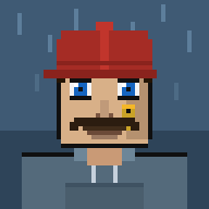 Pixel art character with a mustache wearing a red baseball cap, shown in a rainy setting with arms outstretched.