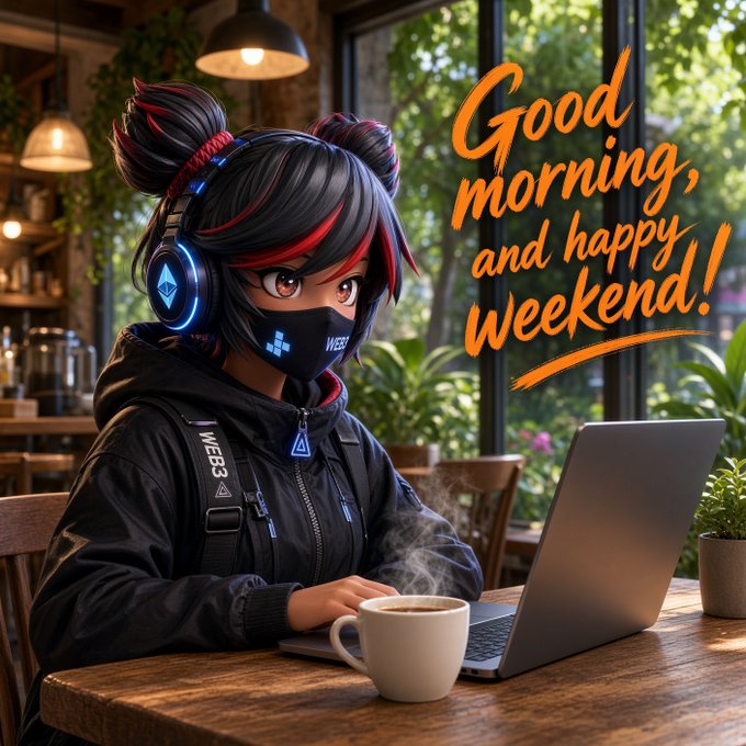 An anime-style illustration of a girl with black and red hair in twin buns, wearing a headset and face mask, working on a laptop in a cafe with the text 'Good morning, and happy weekend!'.