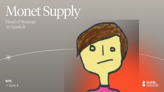 The image features a cartoon depiction of a person with brown hair wearing a pink shirt. The caption below the image reads "Monet Supply Head of Strategy @ Spark Dotfi". This suggests that the image might be related to an event or presentation at the Stable Summit, where the speaker will discuss the role of the head of strategy in the cryptocurrency space and how it relates to the concept of supply chain liquidity.