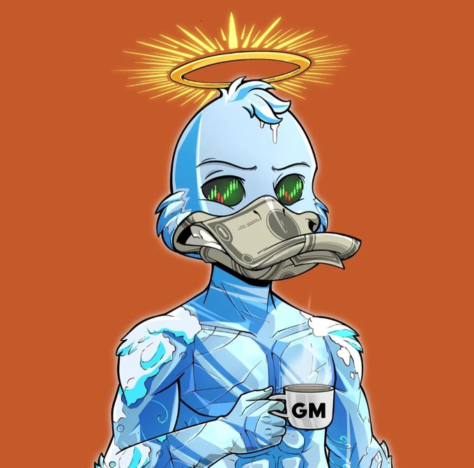 A digital illustration of a blue, crystalline humanoid character with a golden halo, green eyes reflecting a forest scene, holding a grey money bill in its mouth and a coffee mug labeled 'GM.'