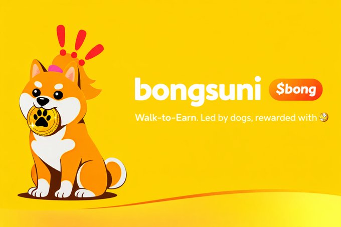 The image features a cartoon dog sitting on its hind legs, holding a gold coin in its mouth. The background of the image is yellow with a wave pattern. Below this image, there's text that reads "Humans think they own dogs. Dogs think otherwise. Welcome to Bongsuni. $BONG #memecoin #pumpfun #bonkfun #SolanaMemecoins #SolanaGems". The text seems to be related to the cartoon dog and its gold coin, possibly indicating a connection between the dog's actions or the content of the image with the post it is associated with.