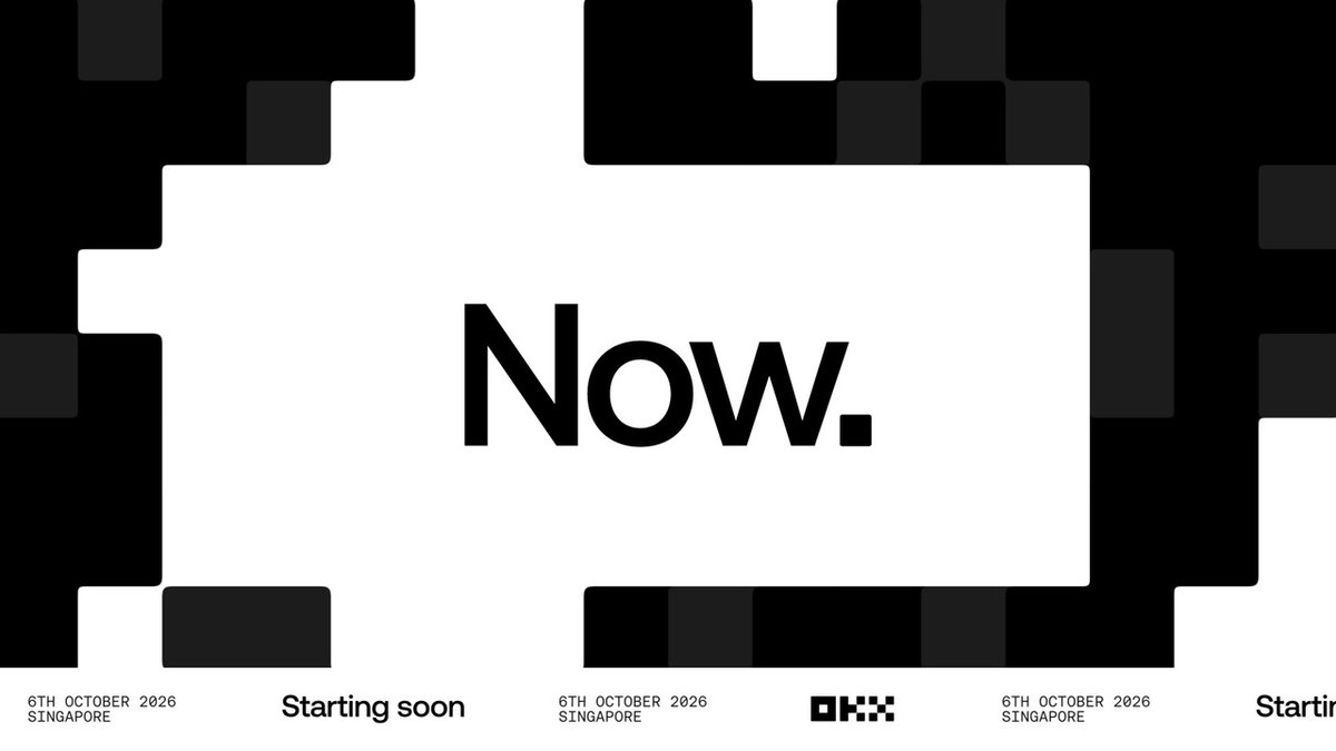 A minimalist graphic with a black-and-white pixelated border, the word 'Now.' in large black text, and 'Starting soon' repeated along the bottom alongside the date '6TH OCTOBER 2026 SINGAPORE.'