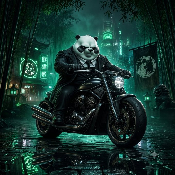 A cinematic illustration of an anthropomorphic panda in a black suit riding a Harley-Davidson motorcycle through a neon-lit Asian street at night, with bamboo, Chinese signage ('熊猫帮'), and a guardian lion statue.
