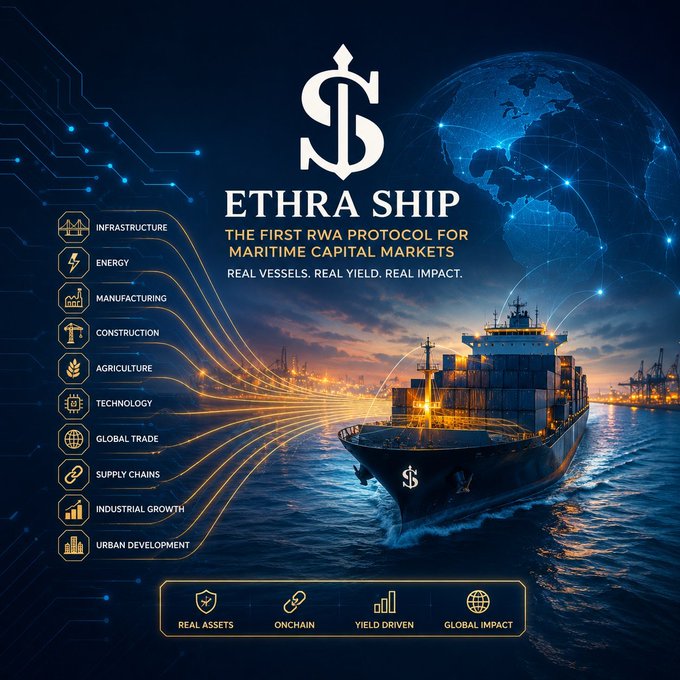 A promotional graphic for 'ETHRA SHIP' describing it as 'The First RWA Protocol for Maritime Capital Markets' featuring a cargo ship and icons for sectors like Energy, Manufacturing, and Technology.
