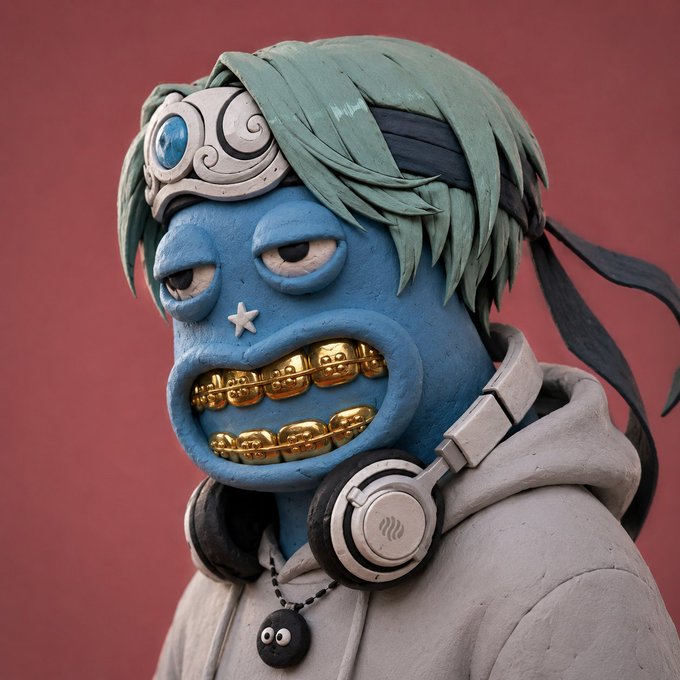 A detailed sculptural figure of a blue-skinned character with teal hair, gold grills, headphones around the neck, and a sad expression against a red background.