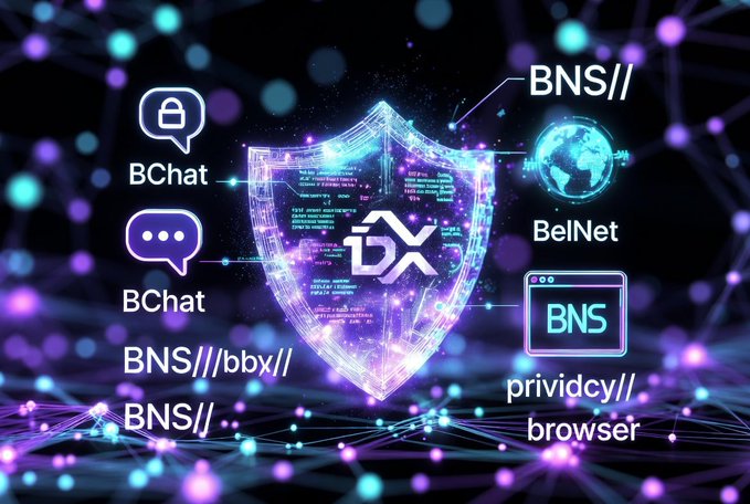 A futuristic purple and blue tech graphic showing a digital shield with various privacy/protocol features labeled: BChat, BNS//, BelNet, BNS//bbx//, BNS//, BNS, prvidcy//, and browser.