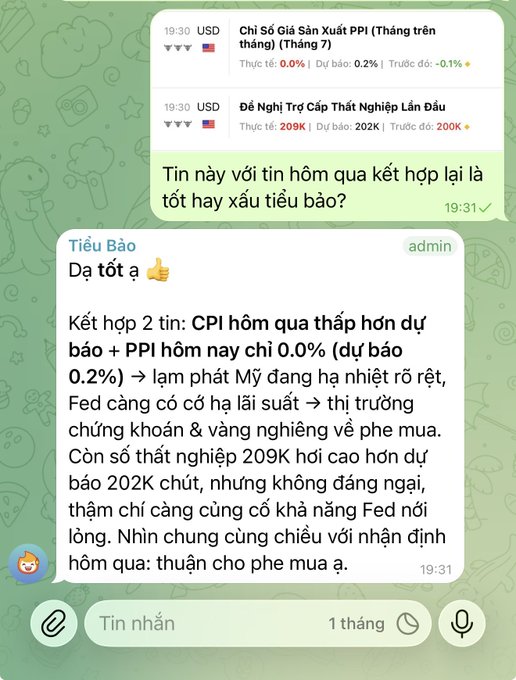 A Vietnamese Telegram chat discussing US economic news, including US PPI (-0.1%) and Initial Jobless Claims (209K), with an admin's analysis ('Tiếu Bảo') explaining the combined bearish signals for inflation and Fed rate cuts.