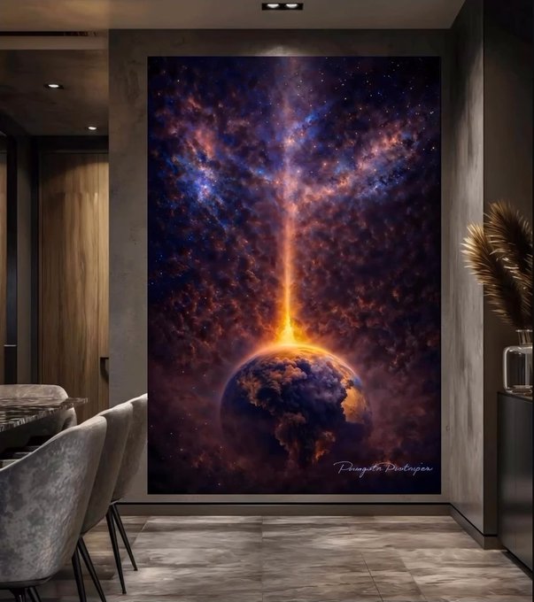 A large cosmic-themed wall mural in a modern interior, depicting a glowing planet with a vertical beam of light piercing through a starry nebula, signed 'Doughlas Doalnper.'