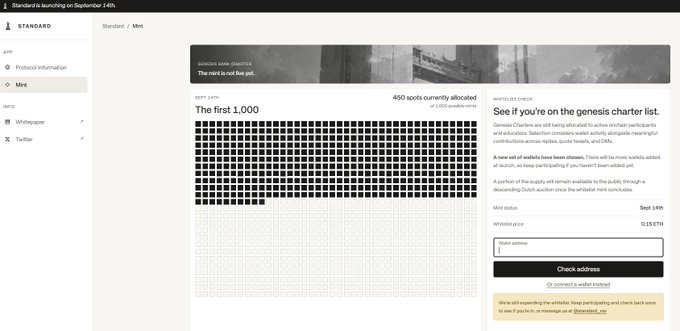 A screenshot of an NFT minting website showing 'The first 1,000' with 450 spots currently allocated, a mint price of 0.15 ETH, and a white list check section with the text 'See if you're on the genesis charter list.'