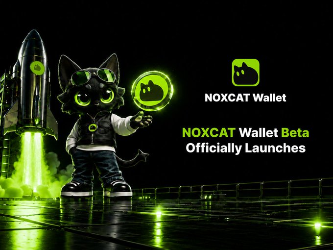 A stylized black cat character wearing goggles stands on a futuristic platform holding a glowing green emblem, with a rocket launching behind it, promoting the announcement of the **NOXCAT Wallet Beta** launch. The image visually reinforces the post's message of a simplified, powerful multi-chain crypto wallet, with the rocket symbolizing the "launch" of the beta and the cat mascot representing the NOXCAT brand.